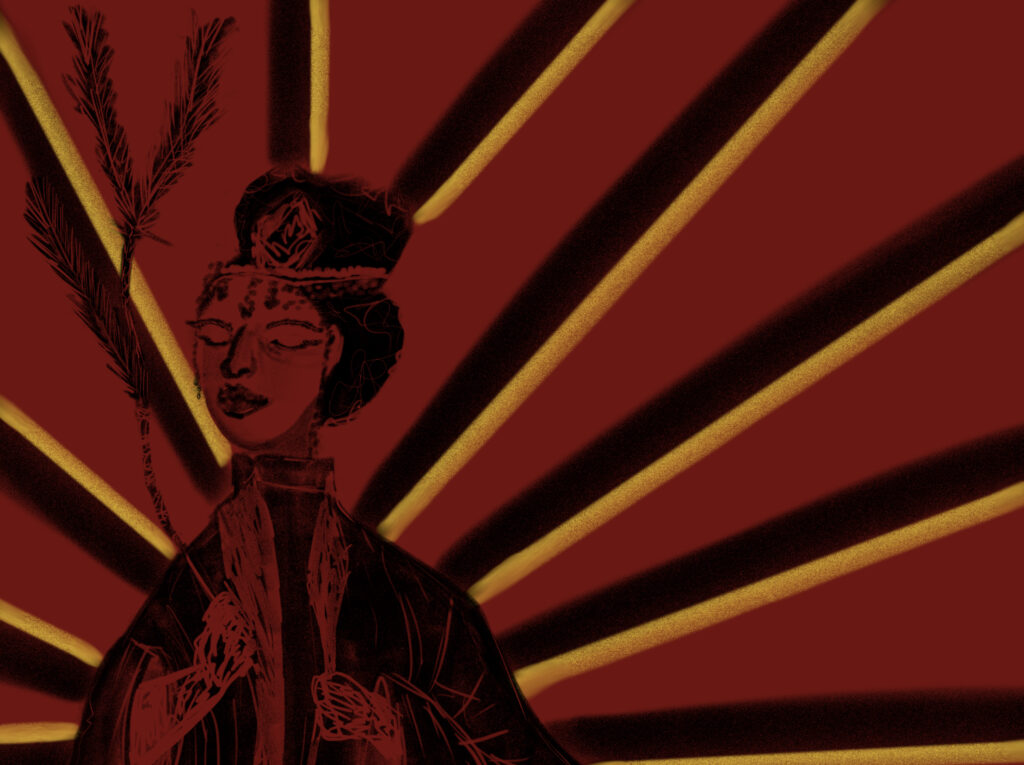 digital art piece with black pixel brush depicting queen himiko to the left holding a branch in my style with a red background and sun rays behind her