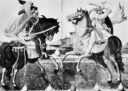 Xavier and the Western Princes on Horseback, two-panel detail of a four-panel byobu screen painting, colour and gold leaf on paper; in the Kōbe City Museum, Kōbe, Japan. Black and White.