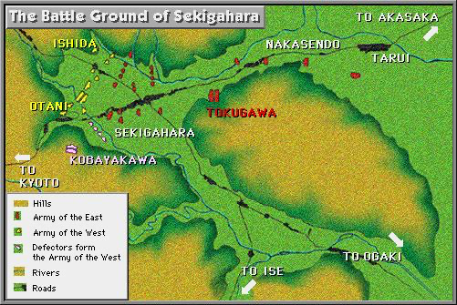 battle ground picture of the battle of sekigahara, showing hills, the armies, defensive, rivers, roads, and where tokugawa is at some point.